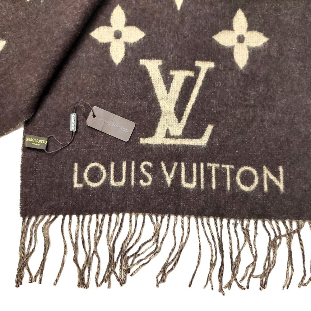 SOLD OUT LOUIS VUITTON Reykjavik Dark Brown & Tan Reversible Scarf Shawl VWT - Picture 7 of 14